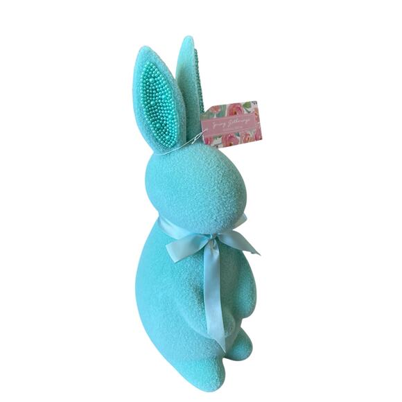 SPRING GATHERINGS 15in Aqua Flocked Bunny With Faux Pearl Ears & Ribbon New - Picture 5 of 15